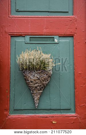 Beautiful details in the town streets in small historic town of Roros. Colorful buildings.