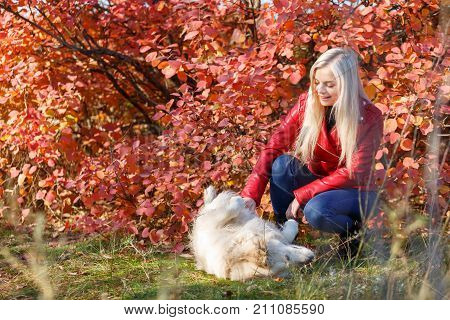 Blonde girl in red jacket with a dog playing in the park on a red autumn background