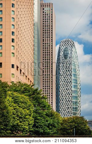 TOKYO, JAPAN - OCTOBER 8: Shinjuku district modern skyscrapers with Coccon Tower OCTOBER 8, 2017 in Tokyo, Japan