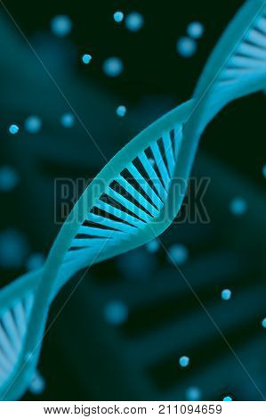 DNA chain macroshot. Highly detailed render. Blue color. Scientific background or medical backdrop. Shallow DOF. 3D illustration