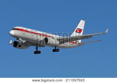 Sheremetyevo, Moscow Region, Russia - March 10, 2011: Tupolev Tu-204-300 P-632 of Air Koryo airlines landing at Sheremetyevo international airport.