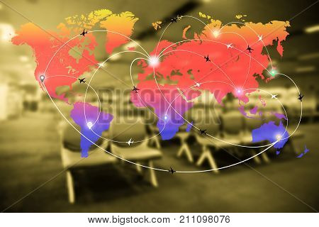 Abstract blurred airport terminal interior with world map of flight routes airplanes network. Global travellogistics network concept.