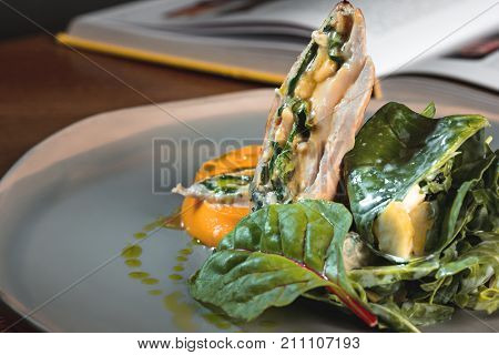 The concept of breakfast, simmered pumpkin with Japanese broth and minced meat sauce