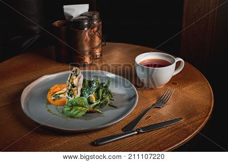 The concept of breakfast, simmered pumpkin with Japanese broth and minced meat sauce