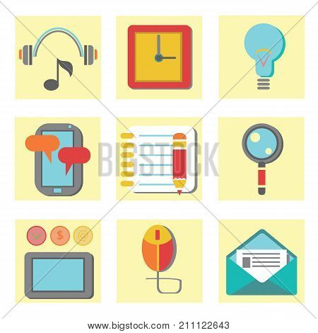 colorful illustration with set of flat icons for web appplication on a white background