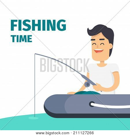 Fishing time concept with fisherman in dinghy. Happy brunette man with rod in hand, seating in floating inflatable rubber boat flat vector on white. Outdoor leisure or recreational hobby illustration