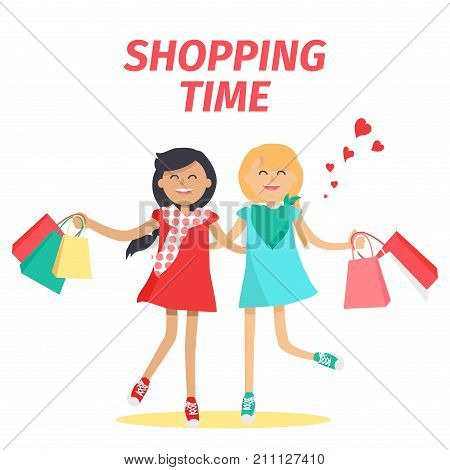 Shopping time with friend concept. Two cheerful girl characters with colorful shopping bags flat vector on white background. Happy girlfriends making purchases together cartoon illustration