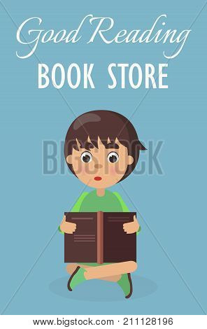 Little boy in good reading book store isolated on blue background vector illustration. Schoolboy sitting and holding dark textbook.
