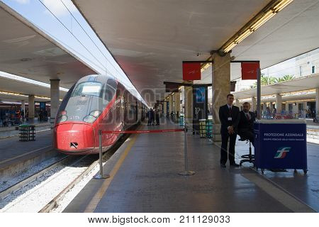 FLORENCE, ITALY - SEPTEMBER 25, 2017: Modern high speed train at the platform of the railway station