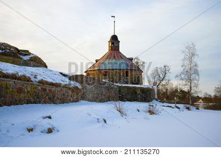 February morning at the walls of Korela fortress. Priozersk, Russia
