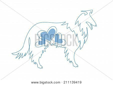 Dog with a heart. Collie vector illustration. Delicate line drawing pet and symbol of the year
