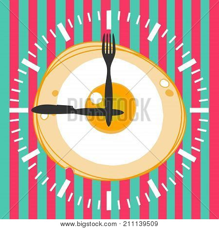 Fried egg and clock, vector illustration of breakfast. Concept for breakfast menu cafe restaurant. Logo design template. Food background
