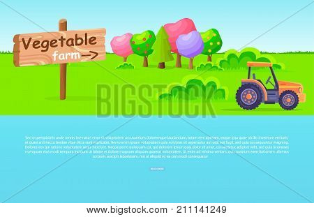 Wooden vegetable farm pointer on green meadow with tall colorful trees with fruits and orange tractor vector illustration.