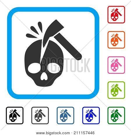 Break Skull icon. Flat grey pictogram symbol in a blue rounded rectangular frame. Black, gray, green, blue, red, orange color variants of Break Skull vector. Designed for web and application UI.
