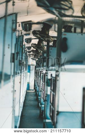 Interior inside the Indian sleeping train the conditions of Indian life and overpopulation.