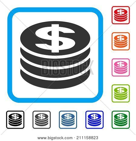 Dollar Coin Column icon. Flat grey iconic symbol in a blue rounded squared frame. Black, gray, green, blue, red, orange color versions of Dollar Coin Column vector. Designed for web and software UI.