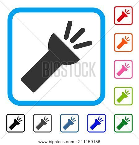Electric Torch Light icon. Flat gray iconic symbol inside a blue rounded rectangle. Black, gray, green, blue, red, orange color variants of Electric Torch Light vector.