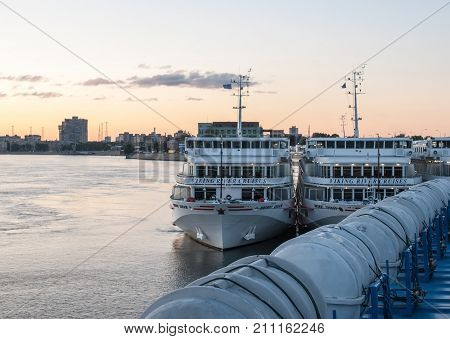 St. Petersburg Russia - September 5 2017: Views of a cruise ship with an open deck with life rafts.