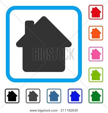 House icon. Flat gray iconic symbol inside a blue rounded rectangle. Black, gray, green, blue, red, orange color versions of House vector. Designed for web and software UI.