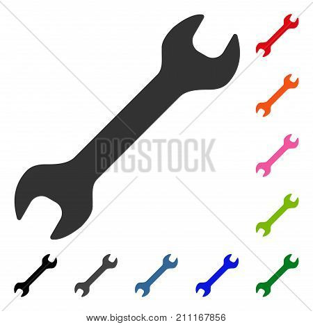 Wrench icon. Flat grey iconic symbol inside a blue rounded rectangle. Black, gray, green, blue, red, orange color variants of Wrench vector. Designed for web and application user interface.