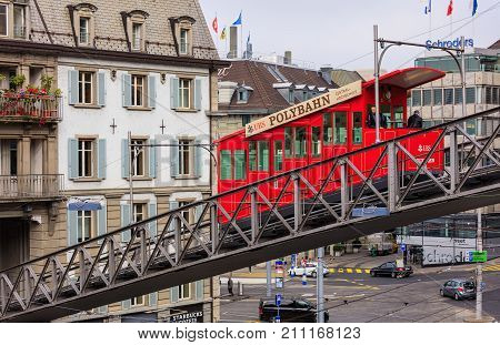 Zurich, Switzerland - 25 September, 2017: the Polybahn funicular railway. The Polybahn, also known as the UBS Polybahn, is a funicular railway in the city of Zurich, connecting the Central square with the terrace by the main building of the ETH.