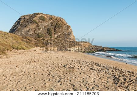 Mugu Rock at Point Mugu State Park on the Pacific Coast Highway in Malibu, California.