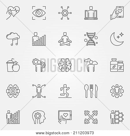 Biohacking icons set - vector biology hacking and DIY bio concept signs or design elements in thin line style