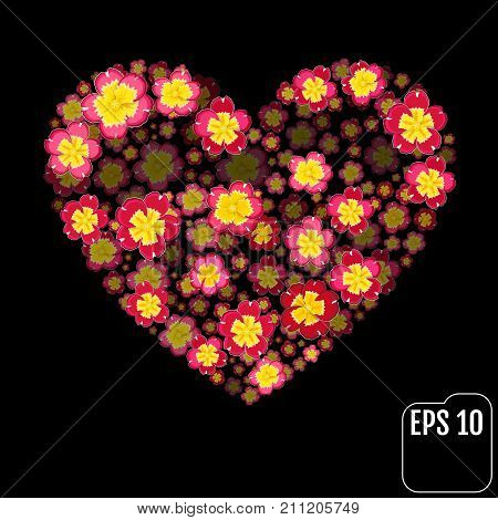 Primrose Flowers Heart Over Black. Valentine. Love. 3D Effect