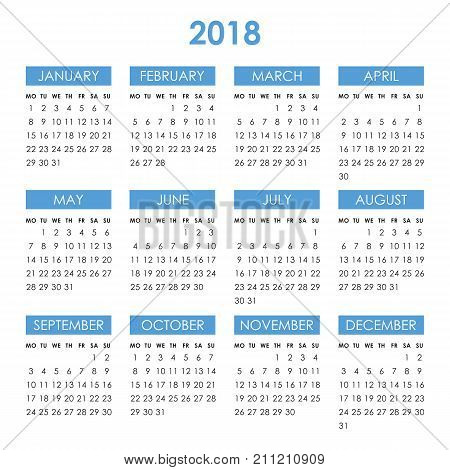 Calendar for 2018 year isolated on a white background. Week starts monday. Vector design template