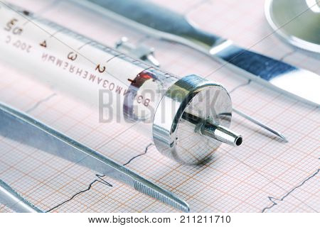 Outdated medical instruments lying on the ECG paper.