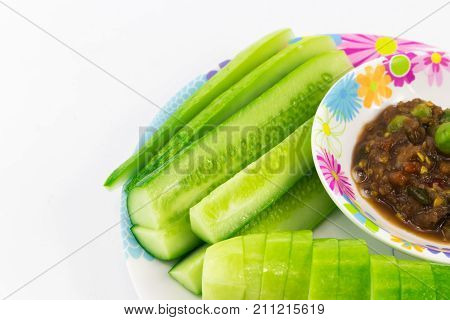 Shrimp Paste Sauce With Solanum Torvum And Cucumber In Small Dish