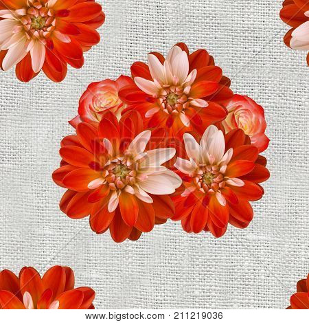A seamless pattern with red dahlia flowers and roses on the blurred linen canvas background. Old vintage style collage