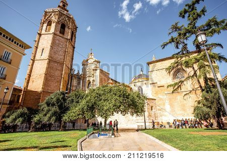 View on the cathedral of the assumption of Our Lady of Valencia in the old town of Valencia city, Spain