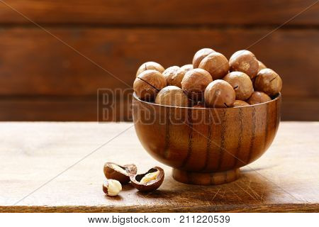 natural macadamia nuts in shell on a table