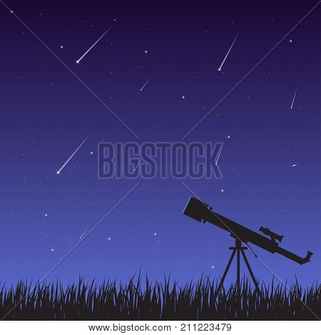 A telescope on the grass against a background of a night sky with a starfall. Astronomical observations of the universe galaxy and celestial bodies.