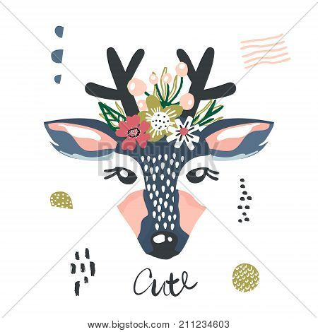Cute cartoon dear girl with flowers on head. Childish print for nursery kids apparelposter postcard. Vector Illustration