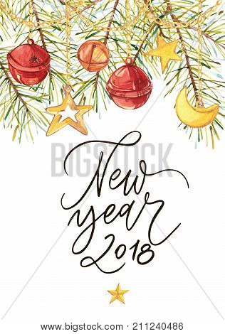 Happy New Year 2018- phrase. Holiday lettering illustration. Illustration in Watercolor style of bells and bow and xmas trees. Isolated on white background. Traditional element of Christmas postcard