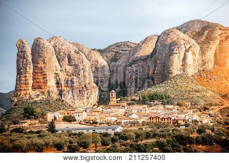 Landscape view on Aguero village with cliffs located in the province of Huesca in Spain