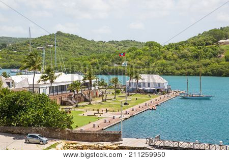 Antigua, Caribbean islands - May 20, 2017: English Harbour view with Galeon beach with yachts and sailing boats