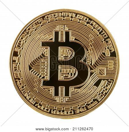 Face of the crypto currency golden bitcoin isolated on white background. The concept of virtual international currency and business on the Internet.
