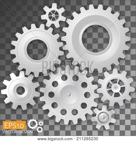 Realistic White Gears On Transparent Background. Vector Illustra