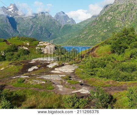 View from the viewing point in Austnesfjorden rest area, Lofoten archipelago, Norway. National Tourist Route Lofoten