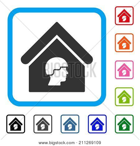 Barrack Building icon. Flat grey pictogram symbol inside a blue rounded square. Black, gray, green, blue, red, orange color versions of Barrack Building vector. Designed for web and application UI.