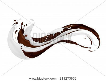 Mix of chocolate and milk splashes isolated on white background