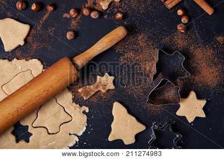 Ingredients for Christmas cooking. Uncooked cookies, doudh, marshmallow, nuts. Flat lay