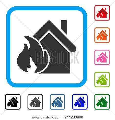 Realty Fire Disaster icon. Flat gray iconic symbol in a blue rounded square. Black, gray, green, blue, red, orange color variants of Realty Fire Disaster vector. Designed for web and app interfaces.