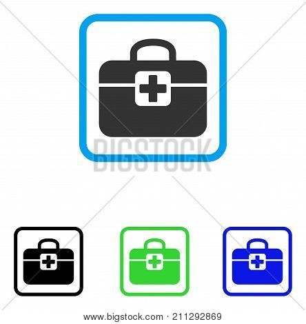 Medkit icon. Flat grey iconic symbol inside a blue rounded frame. Black, green, blue color variants of Medkit vector. Designed for web and application UI.