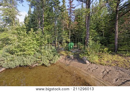 Canoe on Shore in a Hidden Campsite on Tuscarora Lake in the Boundary Waters in Minnesota