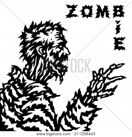 The zombie stretches out his hand to his victim and growls. Vector illustration. Genre of horror. Scary character for Halloween.