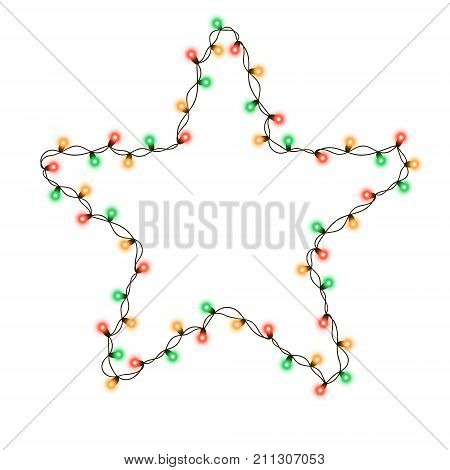 Christmas tree string color garland in star shape and text space isolated on whitebackground. Realistic Christmas, New Year party decorations with transparency. Light bulb decor. Lights border